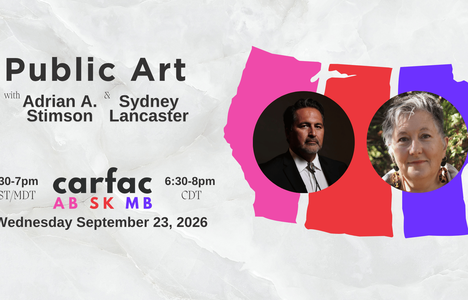 Poster for PUBLIC ART with Adrian A. Stimson & Sydney Lancaster on Wednesday September 23 at 5:30pm (CST).
