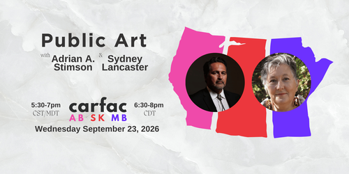 Poster for PUBLIC ART with Adrian A. Stimson & Sydney Lancaster on Wednesday September 23 at 5:30pm (CST).