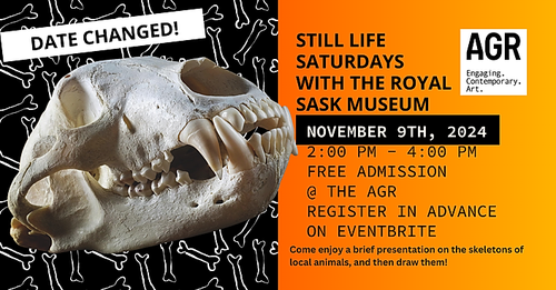 This poster is orange and black. There is a photograph of a black bear skull over top of a black and white pattern of bones.