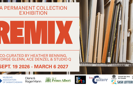 Remix exhibition banner, with a photo of artworks in the Vault