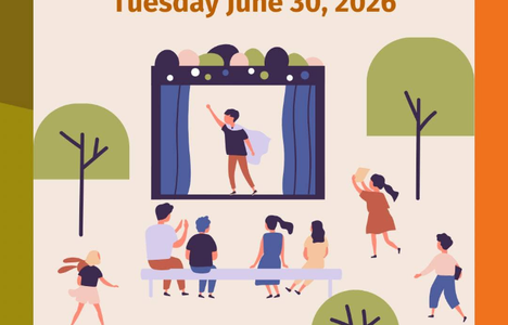 Poster for the event with graphics of people watching a performance on a stage in a park.