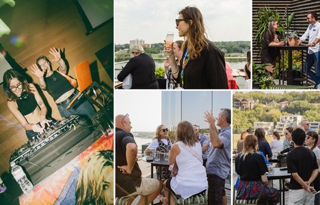 Photos of people mingling.