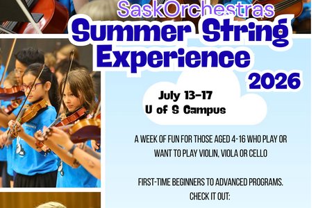 SaskOrchestras Summer String Experience poster with pictures of children playing instruments