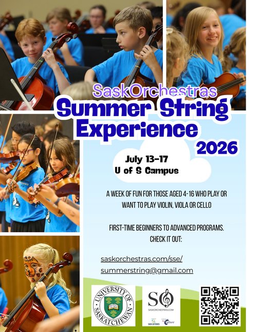 SaskOrchestras Summer String Experience poster with pictures of children playing instruments