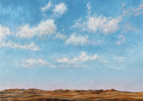 Oil painting on panel by experienced artist and workshop leader Laureen Marchand titled The Wide Horizon showing the hills and buttes of Grasslands National Park and the big sky around them