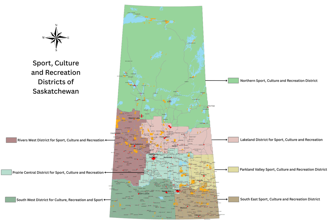 A map of the province of Saskatchewan highlighting the various Sports, Culture and Recreation Districts.