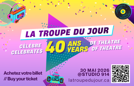 Colourful promotional poster celebrating the 40th anniversary of La Troupe du Jour with retro 1980s-inspired graphics.