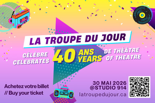 Colourful promotional poster celebrating the 40th anniversary of La Troupe du Jour with retro 1980s-inspired graphics.