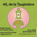 Promotional image for '45, de la Taupinière' including an illustration of a lantern and a mushroom on a green background.