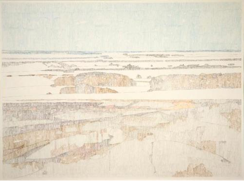 Melting Fields on the Bergheim Road, 1982. Pastel on paper. 43.7 x 55 cm. The Mendel Art Gallery Collection at Remai Modern. Purchased 1982. © Clint Hunker. Copyright Visual Arts–CARCC, 2021.