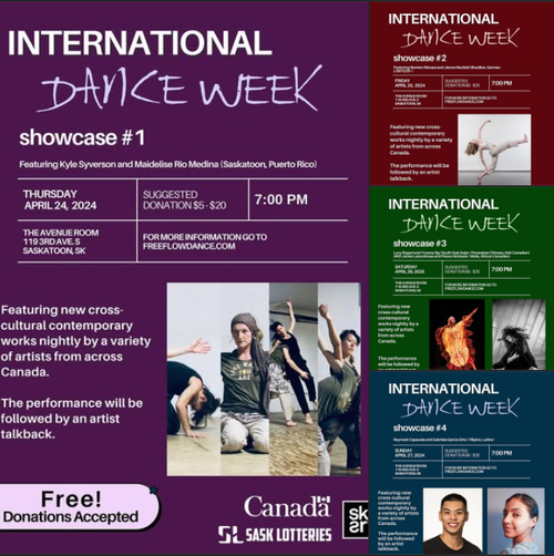 Poster of events for the International Dance Week with photos of various dancers.