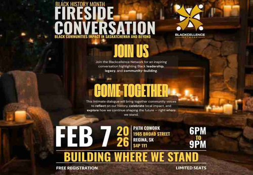 Poster for event with the picture of a fireplace and chairs