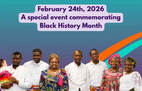 poster for event with a group of people standing together in traditional dress