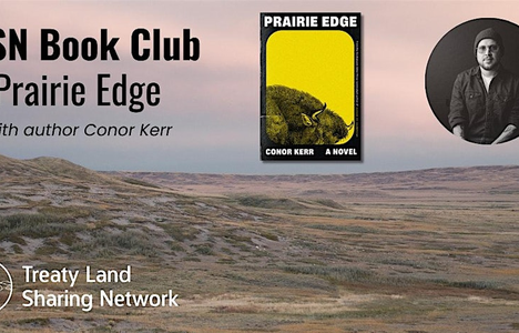 Poster for event with a background of the Saskatchewan landscape and a image of the cover of the book and image of the author.