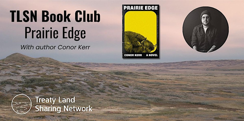Poster for event with a background of the Saskatchewan landscape and a image of the cover of the book and image of the author.