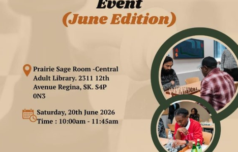 Shows a picture from previous event with two players playing chess and shows the details of the event.