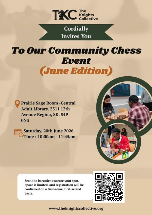 Shows a picture from previous event with two players playing chess and shows the details of the event.