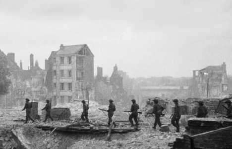 Old black and white image of a war zone