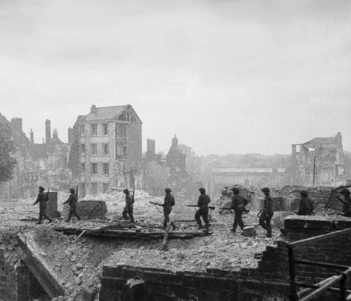 Old black and white image of a war zone