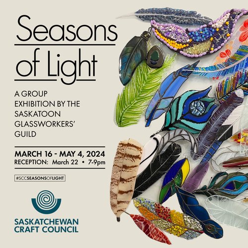 Seasons of Light is a group exhibition by the Saskatoon Glassworkers Guild March 16 to May 4, 2024. The photo contains a collection of brightly coloured, and unique handcrafted glass feathers.