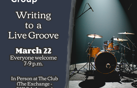 Poster from Regina Songwriters Group x SaskMusic for the Writing to a Live Groove Event with an image of a stage light shining down on a drum kit