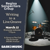 Poster from Regina Songwriters Group x SaskMusic for the Writing to a Live Groove Event with an image of a stage light shining down on a drum kit