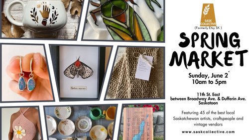 pictures of various crafts, crochet, pottery, woodworking, jewelry, glass, and weaving on one side.  On the other is the details of the market in script.