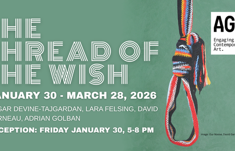 A noose tied from a Métis sash hangs in front of a green background.