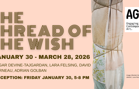 On a peach background is the image of the trunk of a tree which is wrapped in a multicolour quilt and bound with rope.