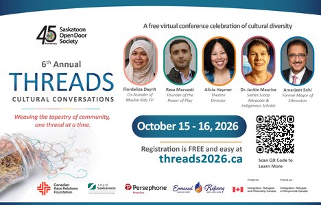 Registration is free at www.threads2026.ca. Speakers include Amarjeet Sohi, former mayor of Edmonton, Dr. Jackie Maurice, Sixties Scoop Advocate and Indigenous Scholar, Flordeliza Dayrit, Co-founder of Muslim Kids TV, Alicia Haymer, Theatre Director.
