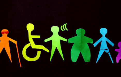 Paper cut-outs of people with various disabilities from amputees, deaf and blind, invisible disabilities. Images are cut-outs and in various bright colours
