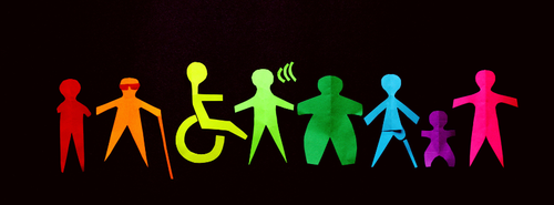 Paper cut-outs of people with various disabilities from amputees, deaf and blind, invisible disabilities. Images are cut-outs and in various bright colours
