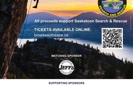 Poster for event with a list of sponsors and a photo of someone climbing a rockface.