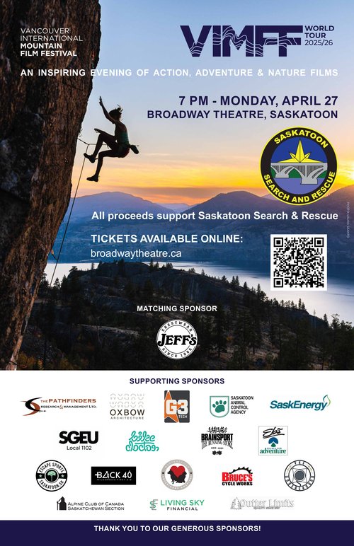 Poster for event with a list of sponsors and a photo of someone climbing a rockface.