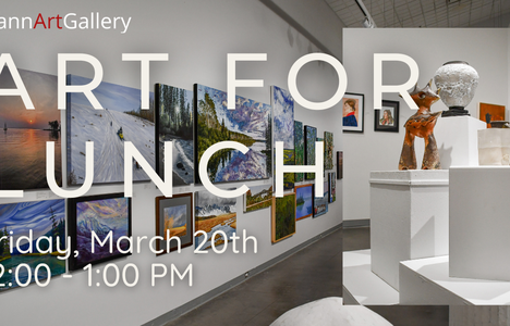 poster for event with a photo of a white walled art gallery with sculptures and pictures on display.