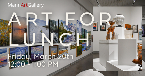 poster for event with a photo of a white walled art gallery with sculptures and pictures on display.