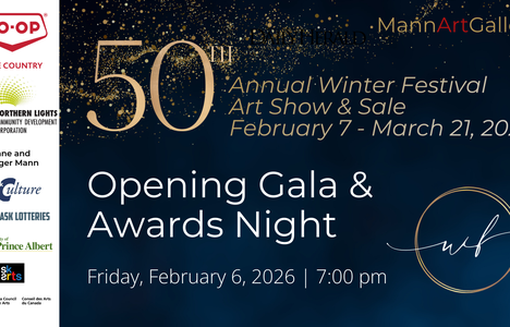 Poster for Mann Art Gallery’s 50th Annual Winter Festival Art Show & Sale, February 7–March 21, 2026, with Opening Gala & Awards Night on February 6 at 7 pm.