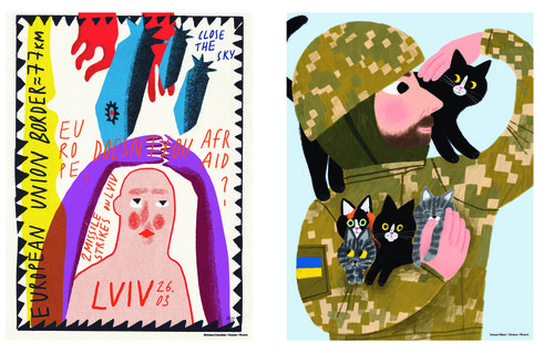 On the left, a poster about missile strikes on Lviv, Ukraine. On the right, a poster of a Ukrainian soldier holding several cats.