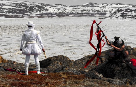 Laakkuluk Williamson and Jamie Griffiths, White Liar and the Known Shore: Frobisher and the Queen (2021) (detail), 2021. Photography on stretched canvas, hat, flagstaff, fool’s gold. Courtesy of the artists.