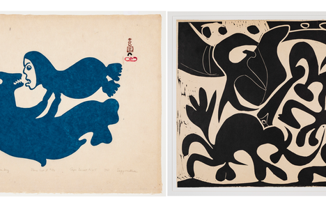 Images: Egevadluq Ragee, Water Baby and Sea Dog, 1961, stonecut, 37 x 46 cm. The Mendel Art Gallery Collection at Remai Modern. Gift of Jacqui and Morris Shumiatcher 1995. Photo: Carey Shaw. Image reproduced with the permission of Dorset Fine Arts. (left)