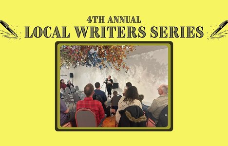 Poster for the event with a photo of people watching a presenter.