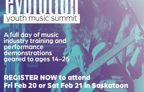 Poster for event with a image of a young artist playing a guitar and singing on a stage.