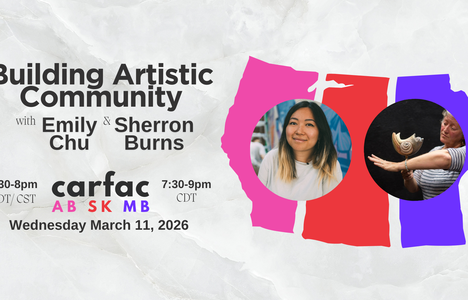 Poster for event with a image of the provinces, Alberta, Sask and Manitoba with photos of Emily Chu and Sherron Burns