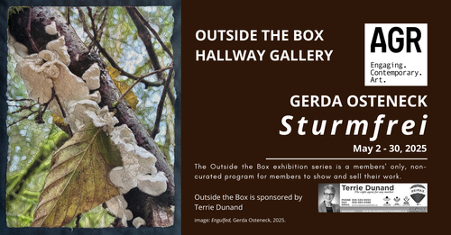 The artwork is a digital photo of a mossy rock wall in a forest in dark earth tones which has been embroidered and stitched over.