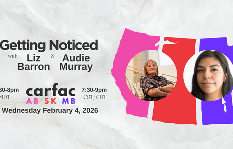 Poster for event with a map of Alberta, Saskatchewan and Manitoba with two photos of Liz Barron & Audie Murray