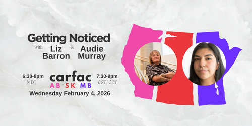 Poster for event with a map of Alberta, Saskatchewan and Manitoba with two photos of Liz Barron & Audie Murray
