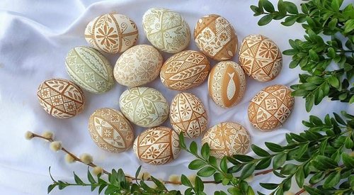 Pile of etched pysanka eggs