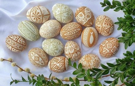 Pile of etched pysanka eggs