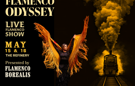 Poster for the event with a photo of a train and a dancer.