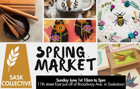 picture of wooden spatula and rolling pin, white pottery cup with a gold hand, black and orange beaded earrings with a fringe, embroidered wall hanging with a bee and flowers, painted cards with colourful birds and sask collective logo and market info